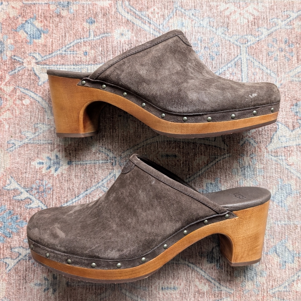 UGG Dark Brown Suede Mules with Wooden Heel